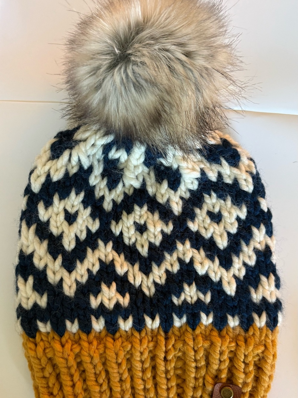 Kids Chunky Knit Pom Hat in Mustard, Navy & Cream